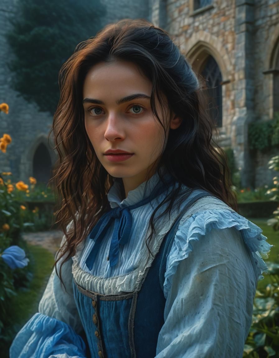 Ethereal Woman in Castle Garden: Impasto Oil Painting