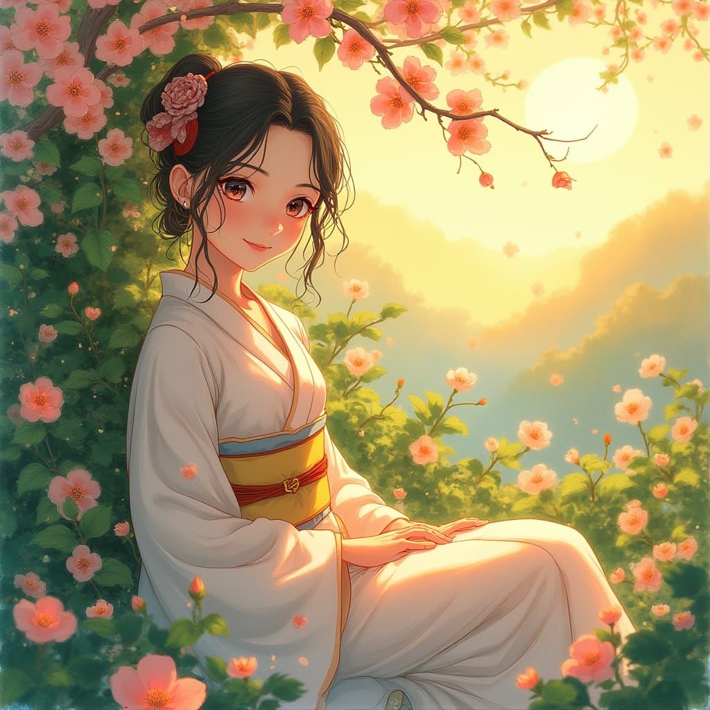 Dreamy Studio Ghibli Portrait with Whimsical Garden