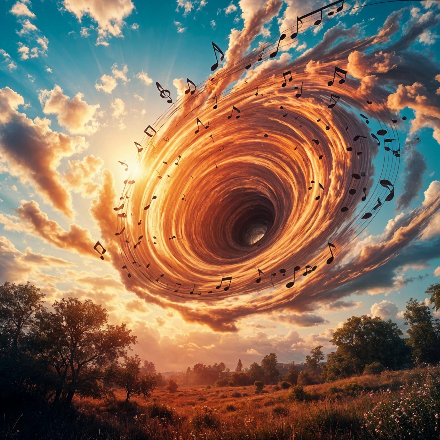 Musical Note Vortex in Sunset Sky: Photorealistic 8K