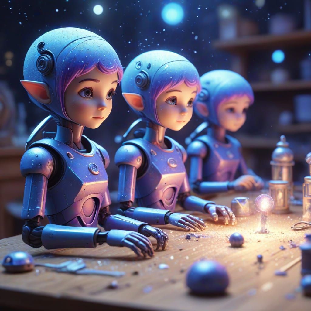 Robot Elves Crafting Starlight Toys: Sci-Fi Illustration