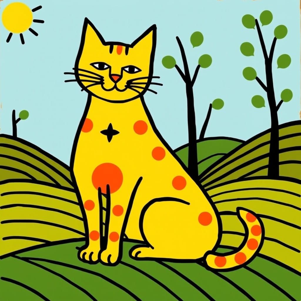 Whimsical Folk Art Cat Sits in Idyllic Landscape