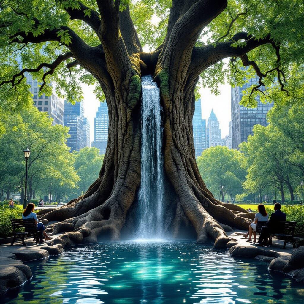 Waterfall Tree in Urban Park: Magical Realism
