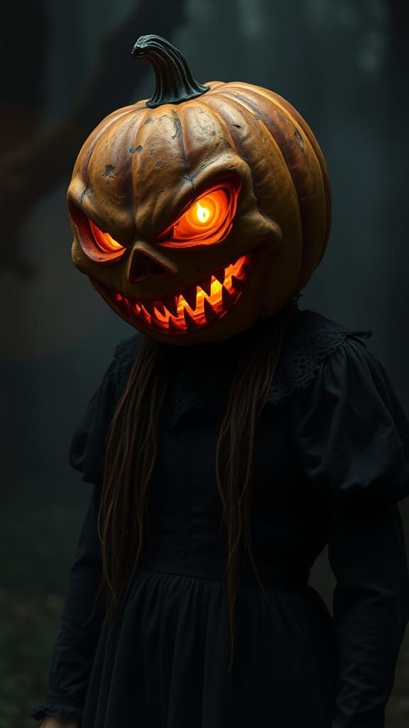 Haunting Pumpkin-Headed Figure in Cinematic Horror Style