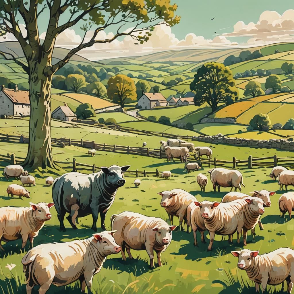 Idyllic Farm Scene: Pig and Sheep in Folk Art Style