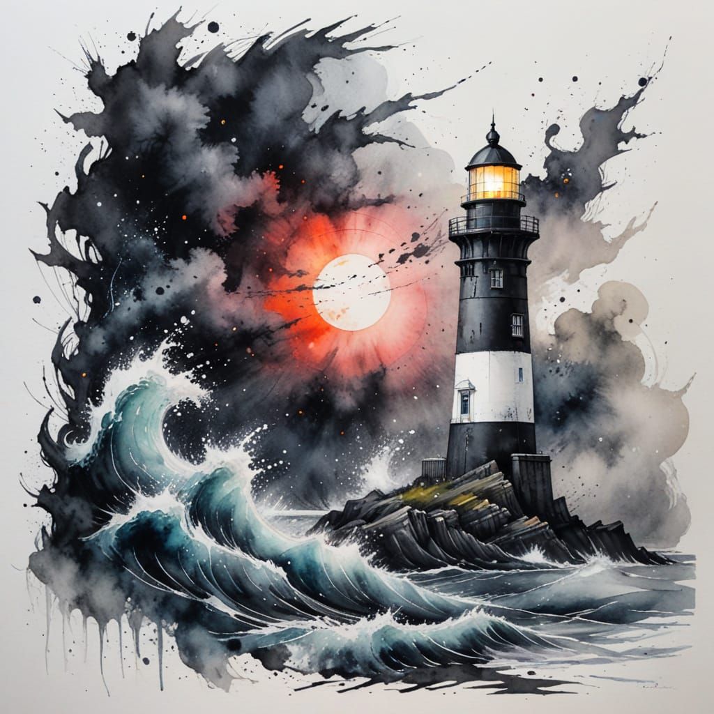Starry Night Seascape with Lighthouse in Charcoal and Waterc...