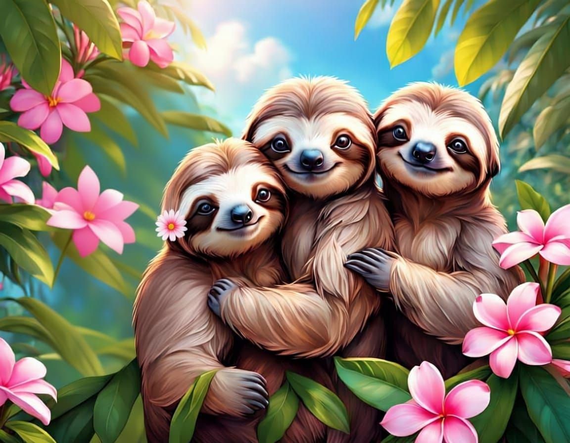 Three Smiling Sloth Sisters Adorned with Flowers