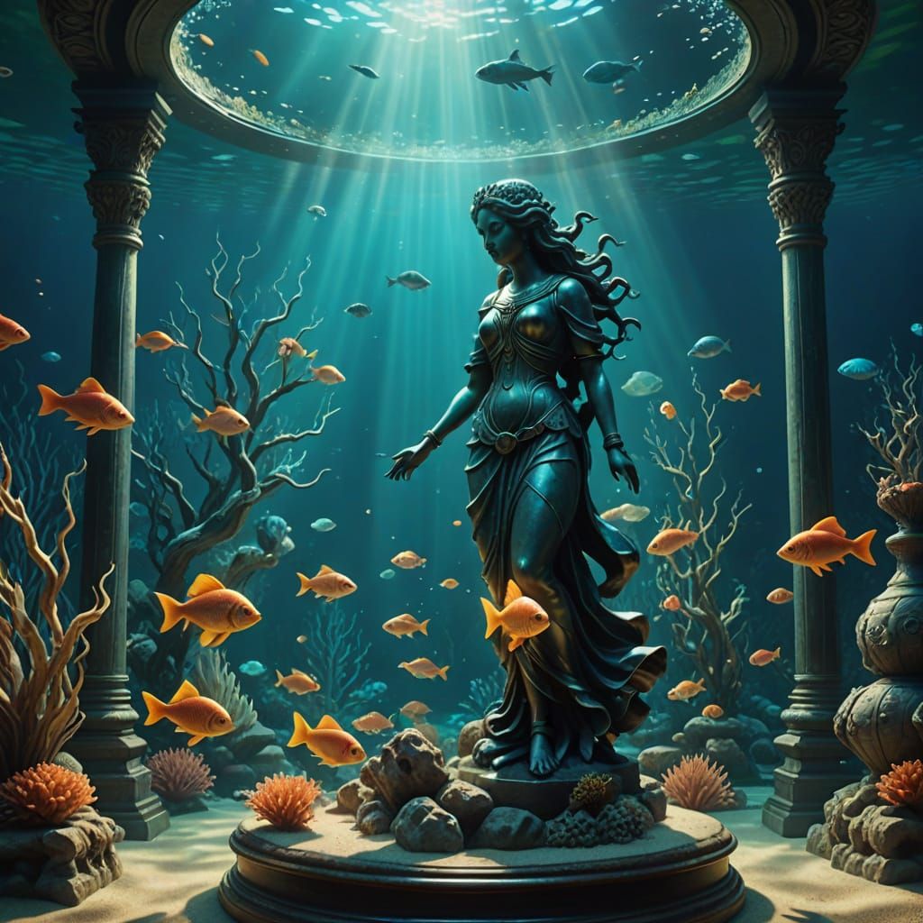 Surreal Underwater Scene with Antique Statue and Zodiac Fish