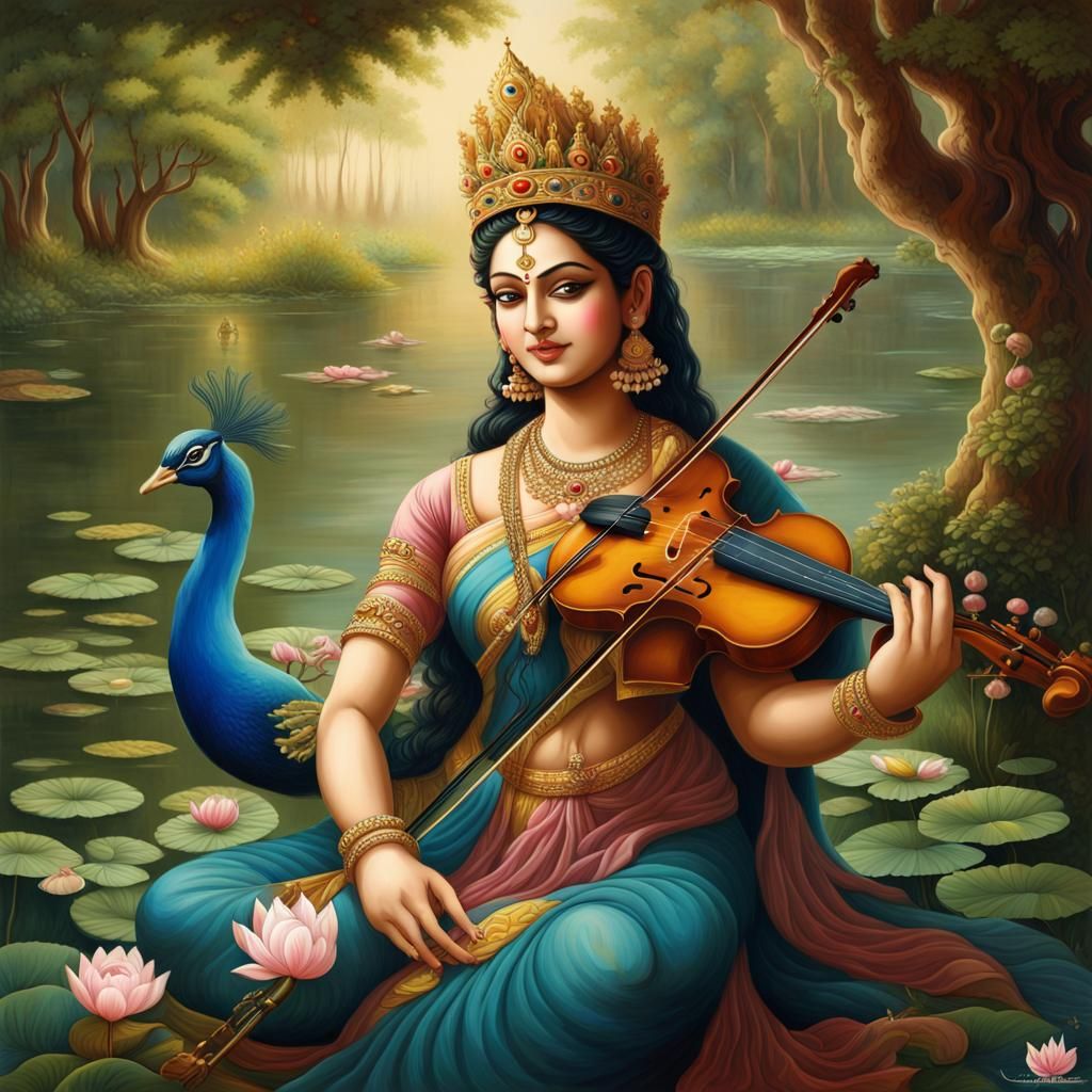 Saraswati Plays Violin in Garden: Detailed Matte Painting
