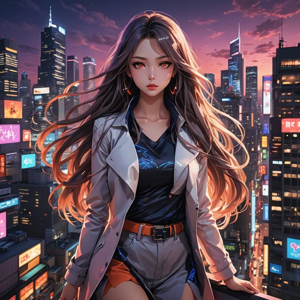 Anime Girl in Cityscape: Detailed Matte Painting
