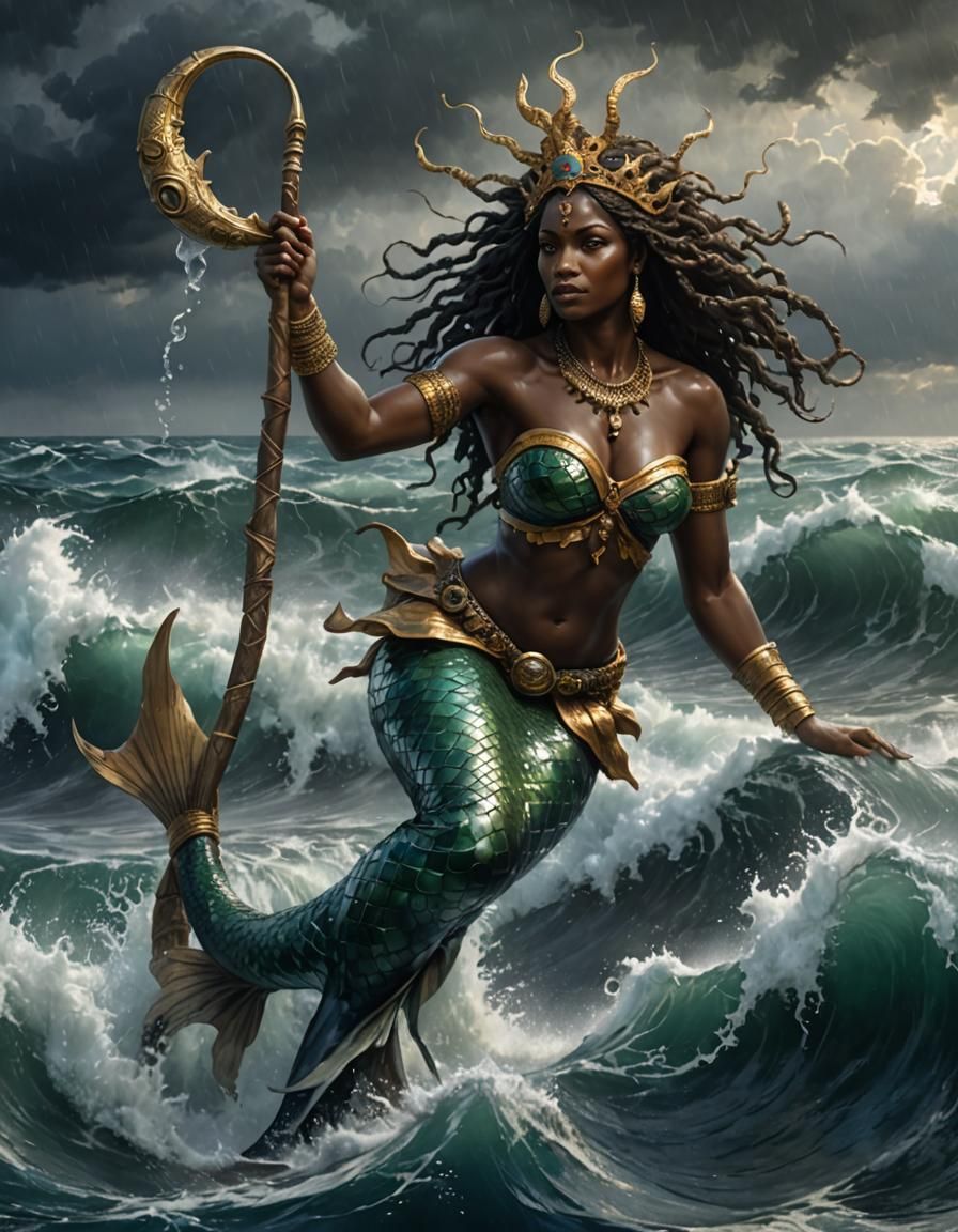 Mami Wata in Raging Ocean, Dark Fantasy Art