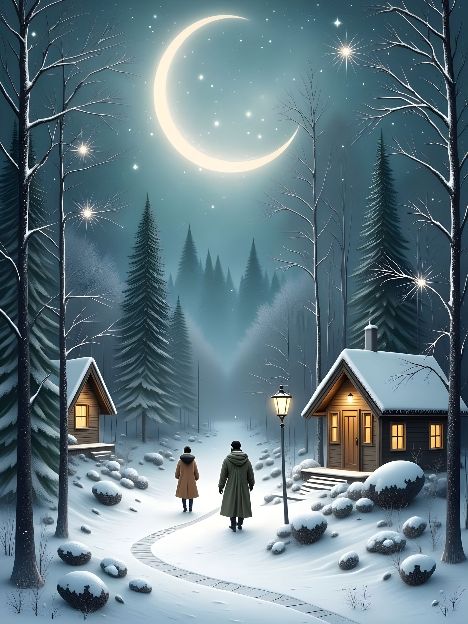 Whimsical Winter Forest Scene in Silver and Blue