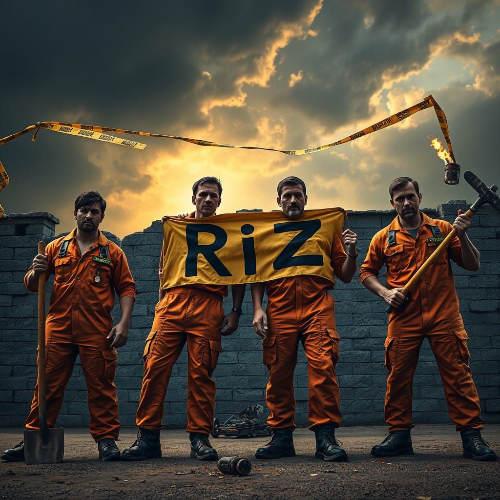 Defiant Prison Escape in Dramatic Ominous Landscape