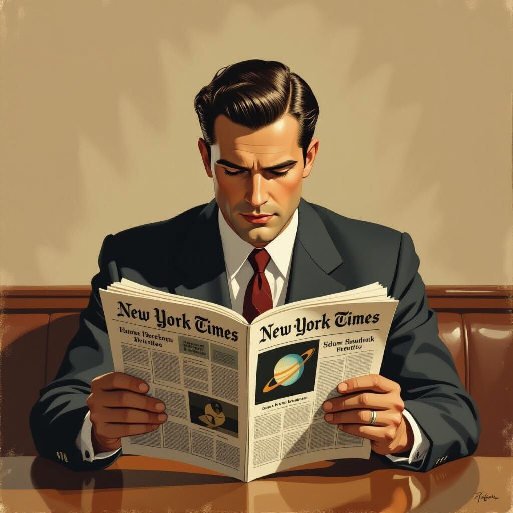 Man Reads Sputnik Report in Vintage Style