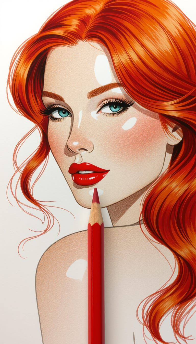 Breathtaking Woman with Red Hair Colored by Red Pencil