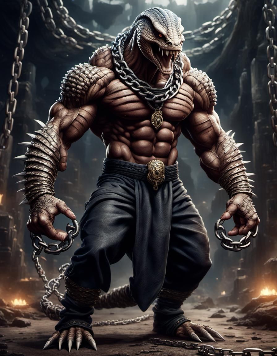 anthropomorphic king cobra man with massive muscular muscle ,8k resolution concept art with chains,spikes and huge claws