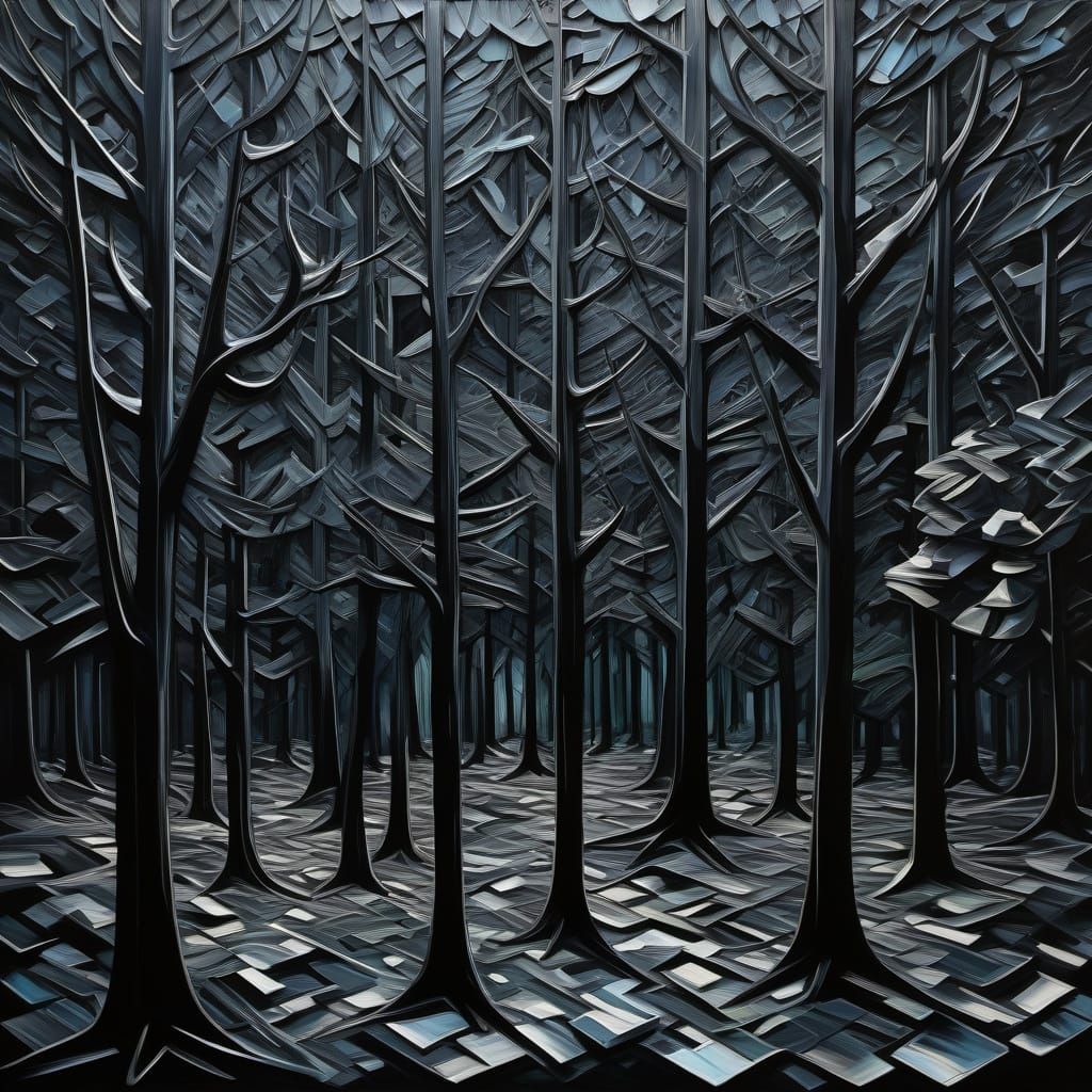 Surreal Ebony Forest in Abstract Cubist Style