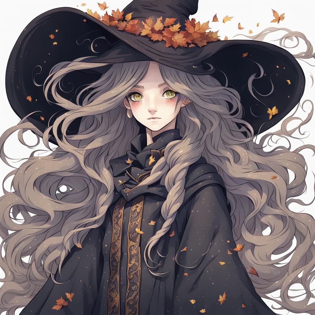 Whimsical Witch Girl Portrait with Long Wavy Hair