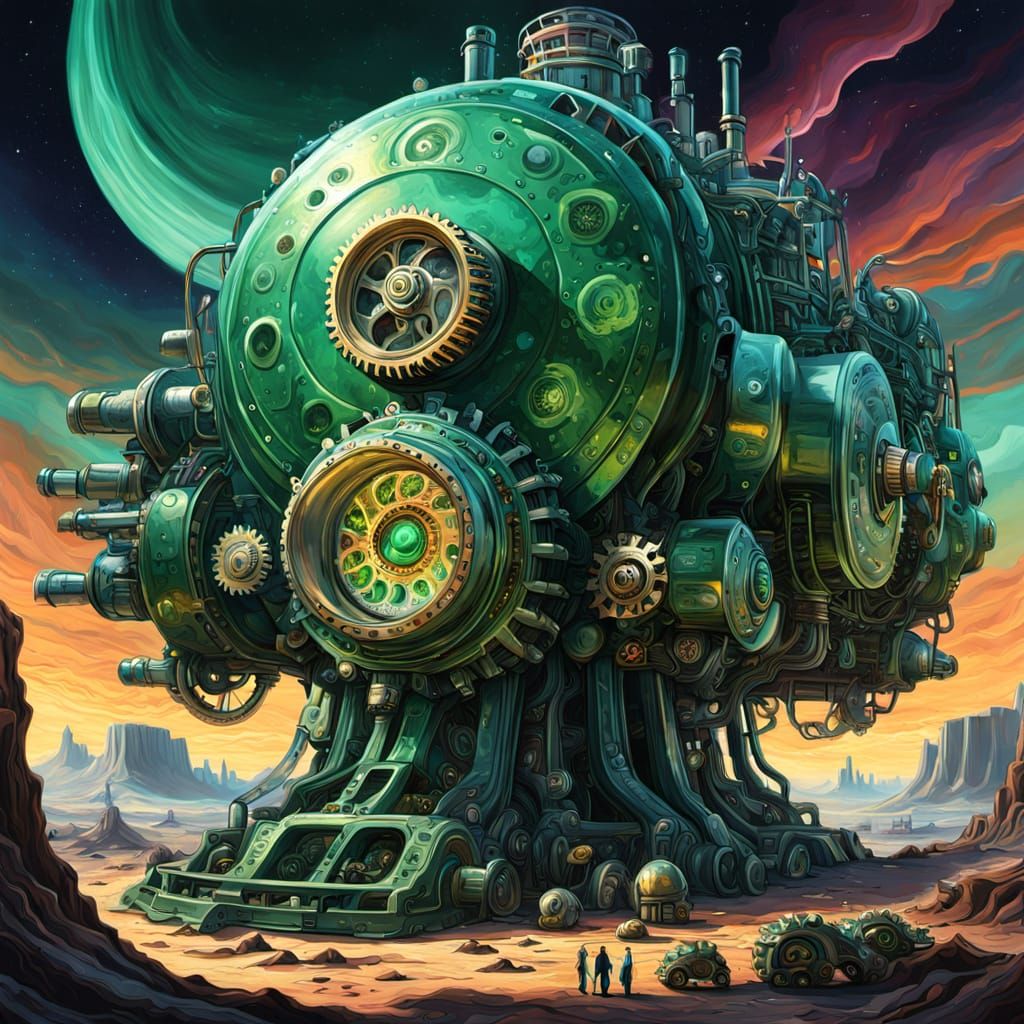 Colossal Steampunk Engine on Alien World as Surreal Oil Pain...