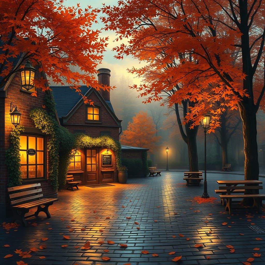 Autumn Evening in a Charming Brick Cafe