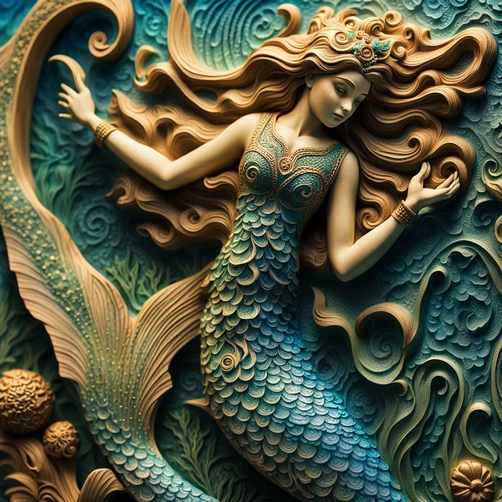 Detailed Wood Carving of a Mermaid