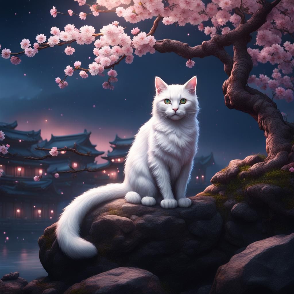 Cat Under Cherry Blossom Tree: Fantasy Concept Art