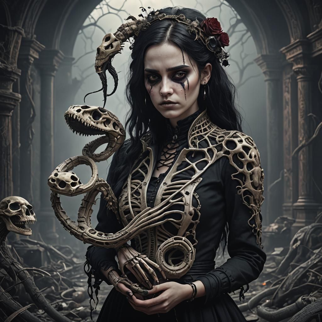 Gothic Girl with Snake Skeleton: Digital Matte Painting