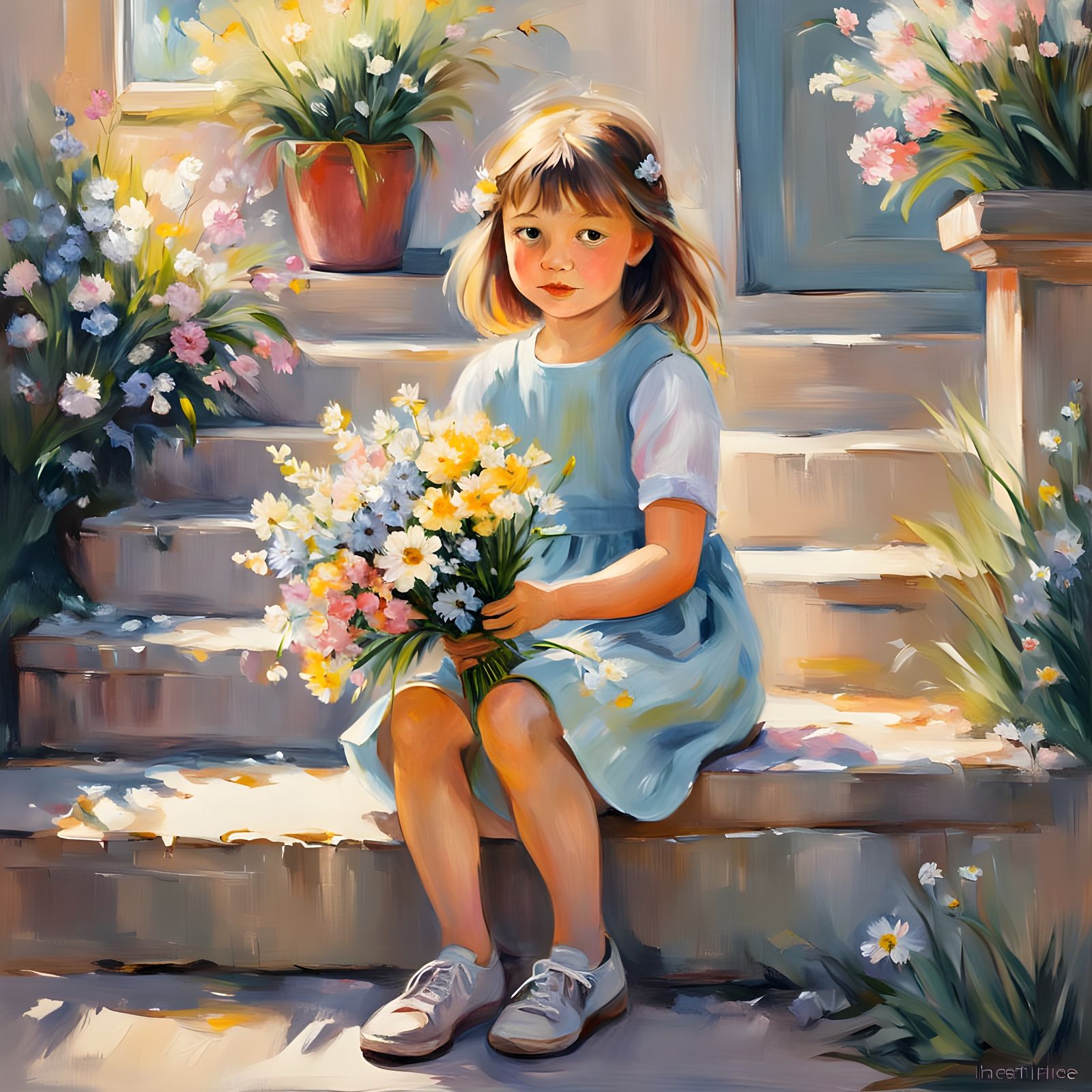 Little Girl Surrounded by Spring Blooms in Whimsical Art