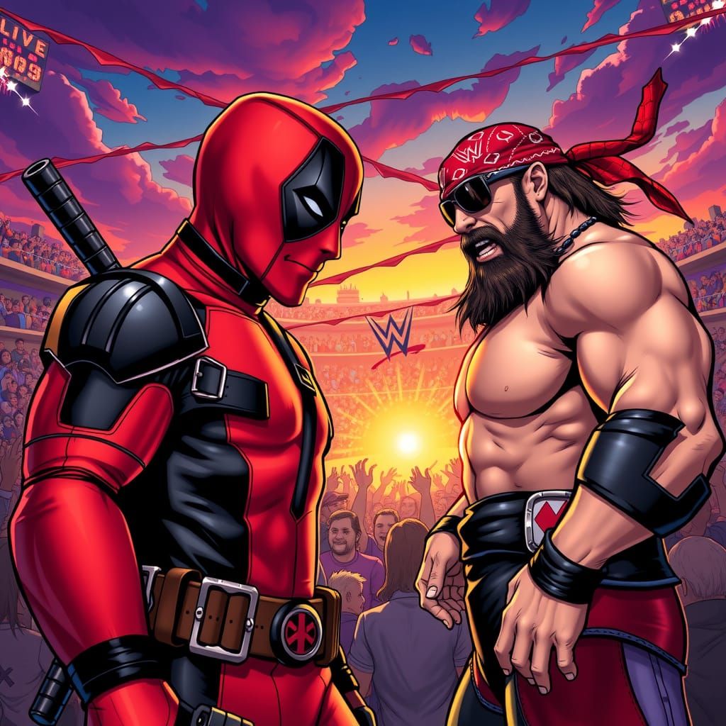 Deadpool vs Macho Man in WWE Arena, Comic Book Style