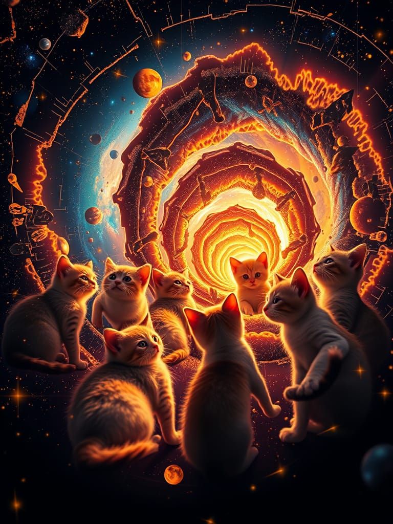 Kittens in Space-Time Vortex: Surreal Digital Art