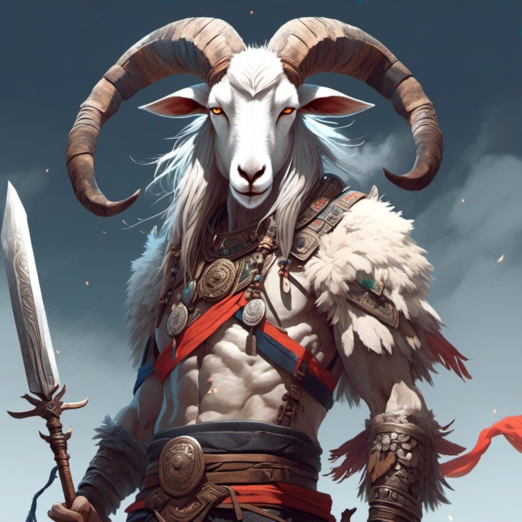 Goat-Headed Shaman Wielding Sword: Detailed Character Art