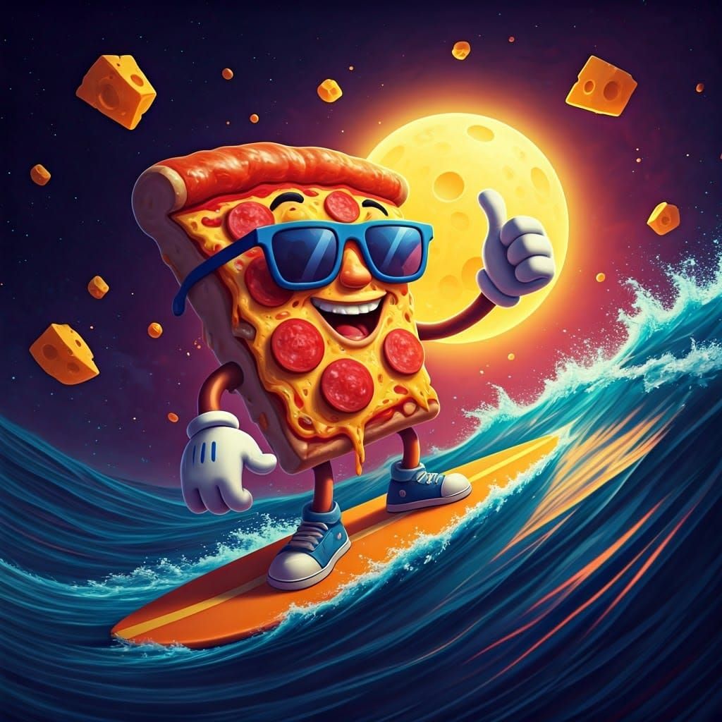 Whimsical Pizza Mascot Surfing on Cheese Sea