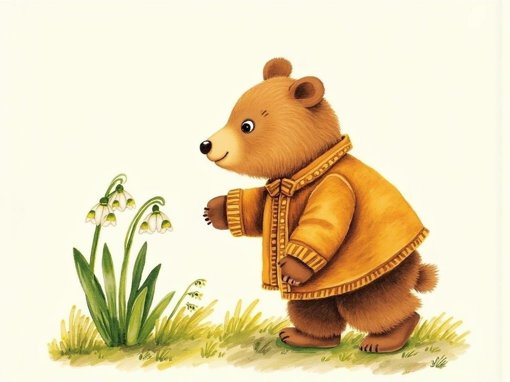 Whimsical Bear Cub Discovers Morning Snowdrops in Enchanted ...