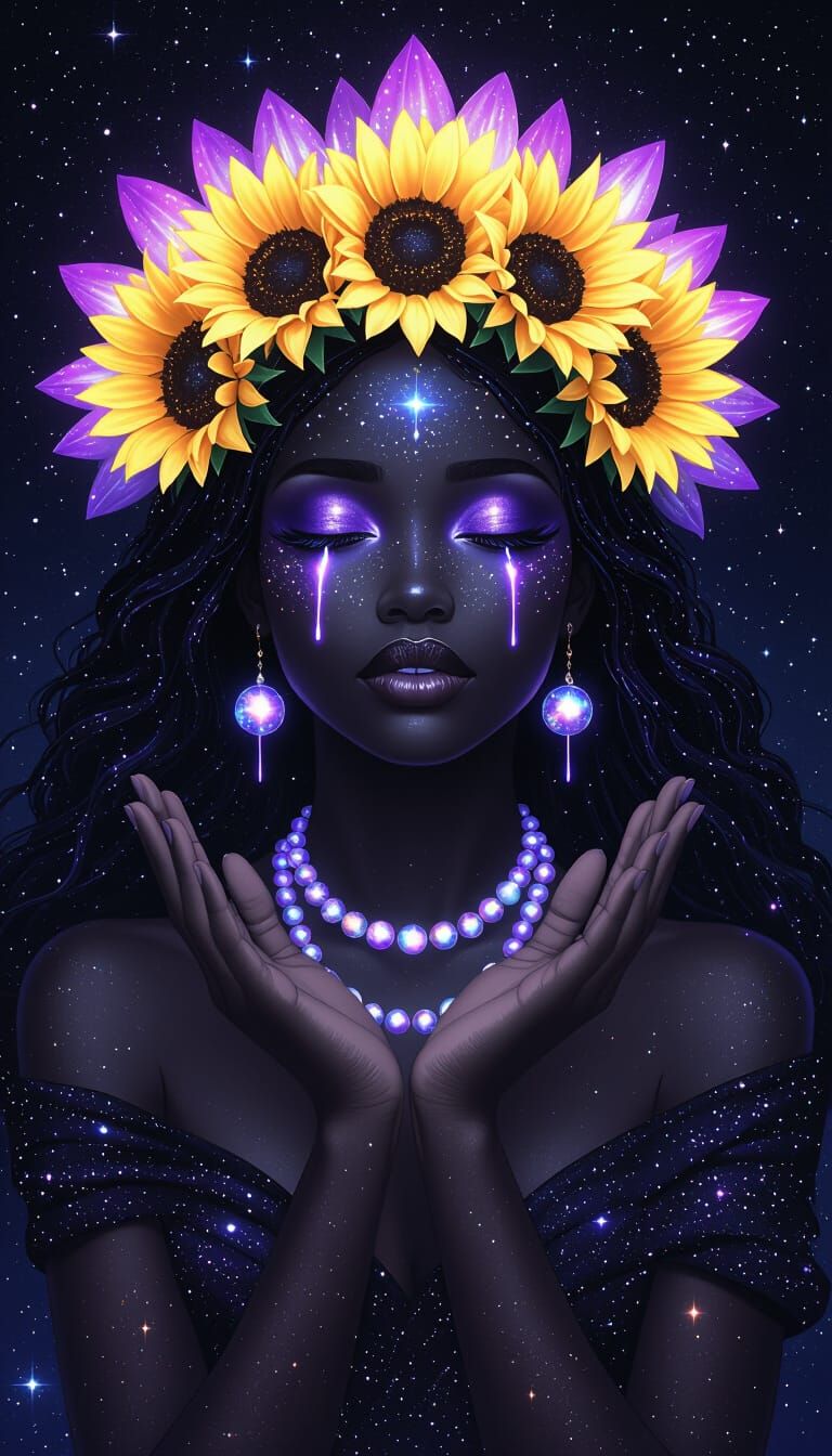 African Goddess Crowned with Sunflowers Under Celestial Sky