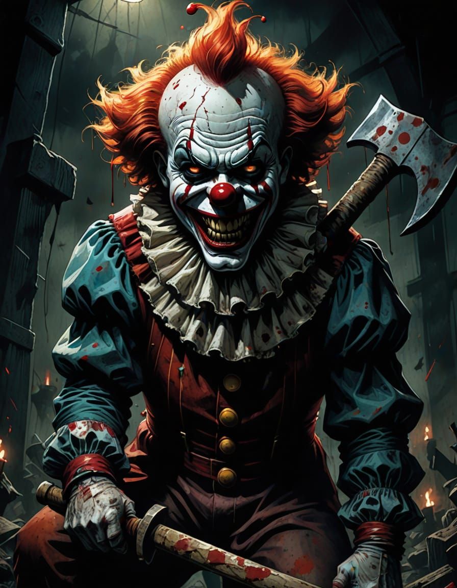 Horror Clown with Axe, in Dark Fantasy Comic Art