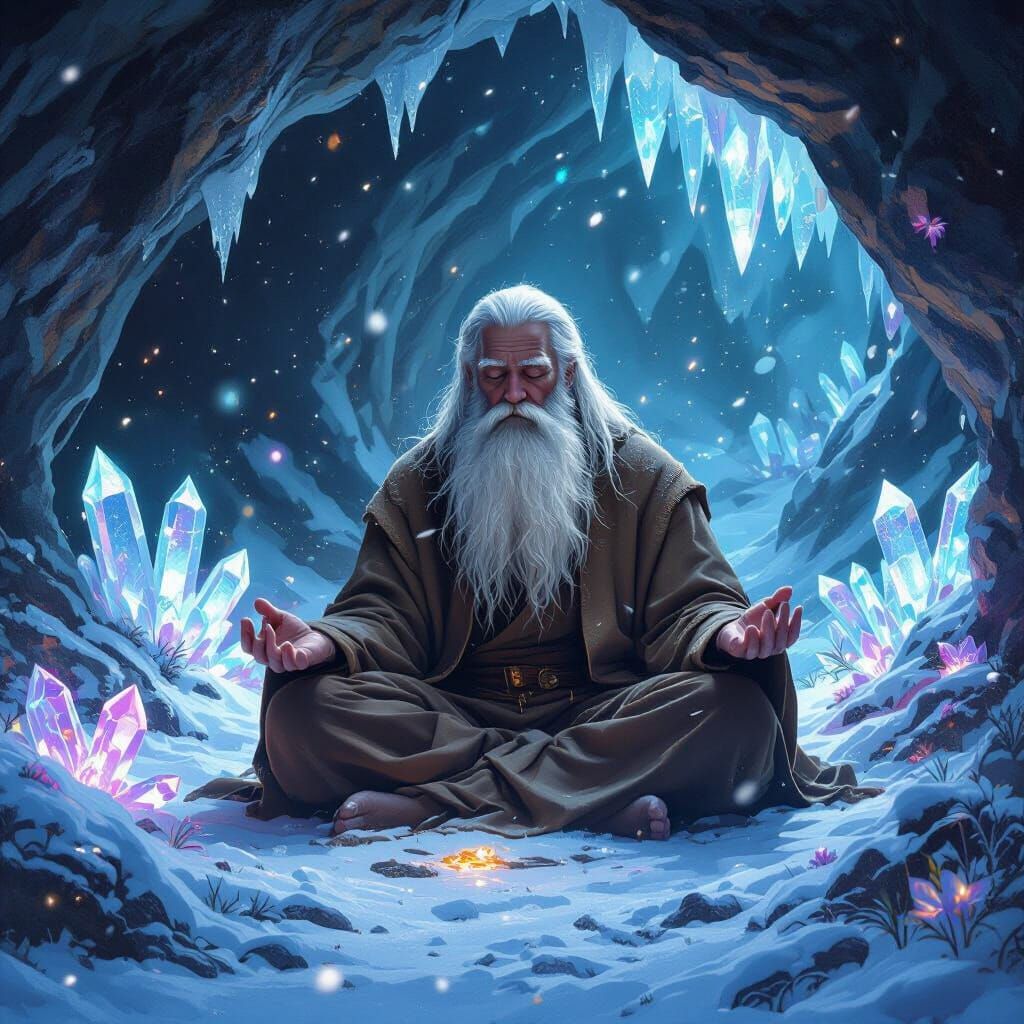 Snow Grotto Hermit Meditation: Hyper-Realistic Digital Art