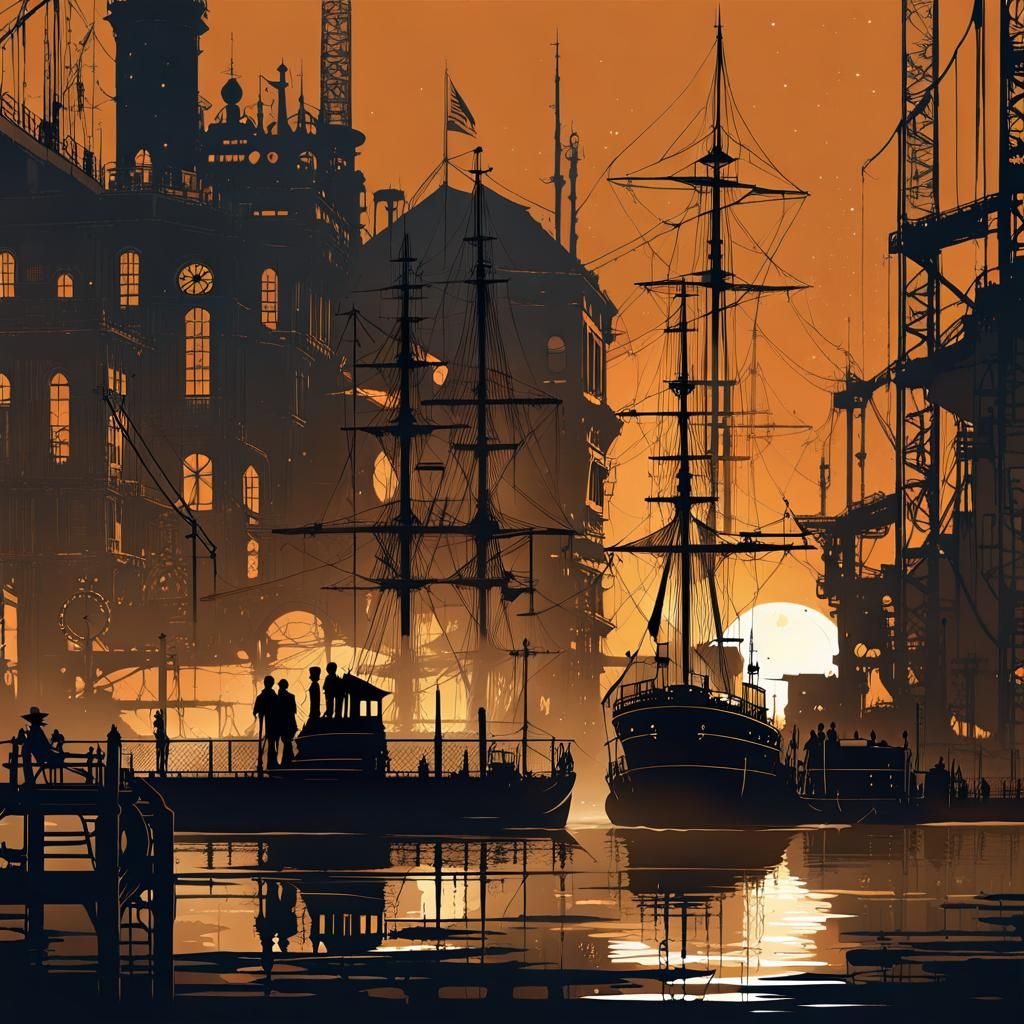 Steampunk Harbor in Retro Vector Art Style