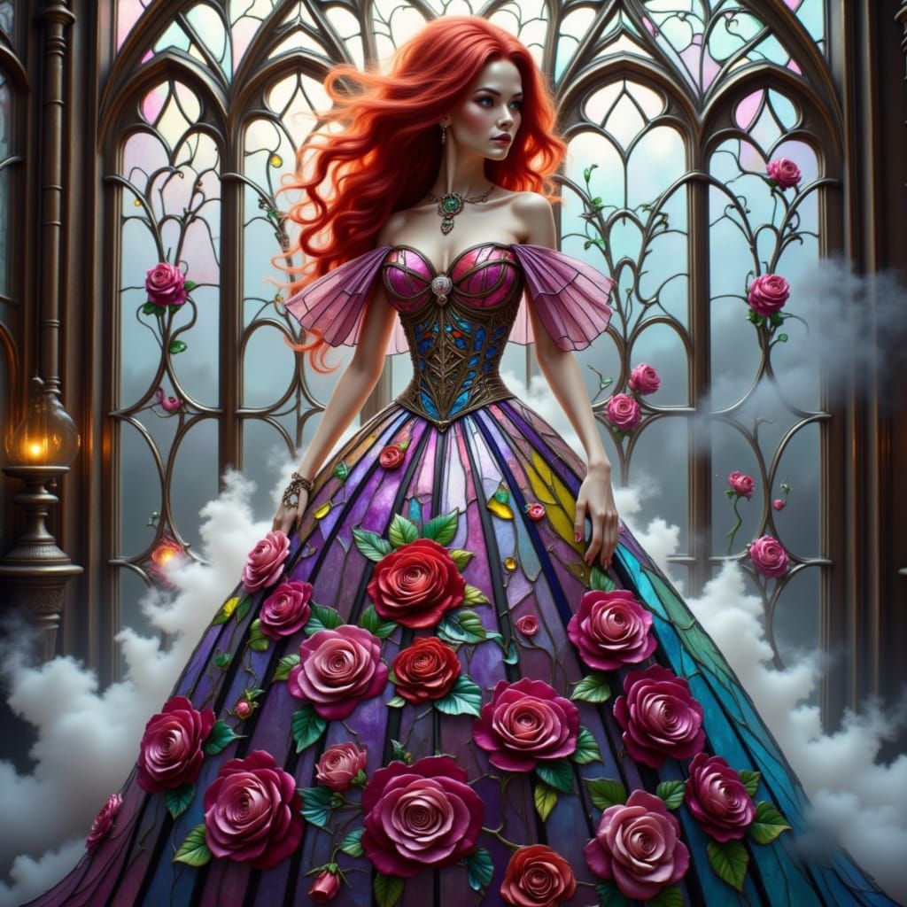 Stained Glass Woman Adorned with Roses and Smoke