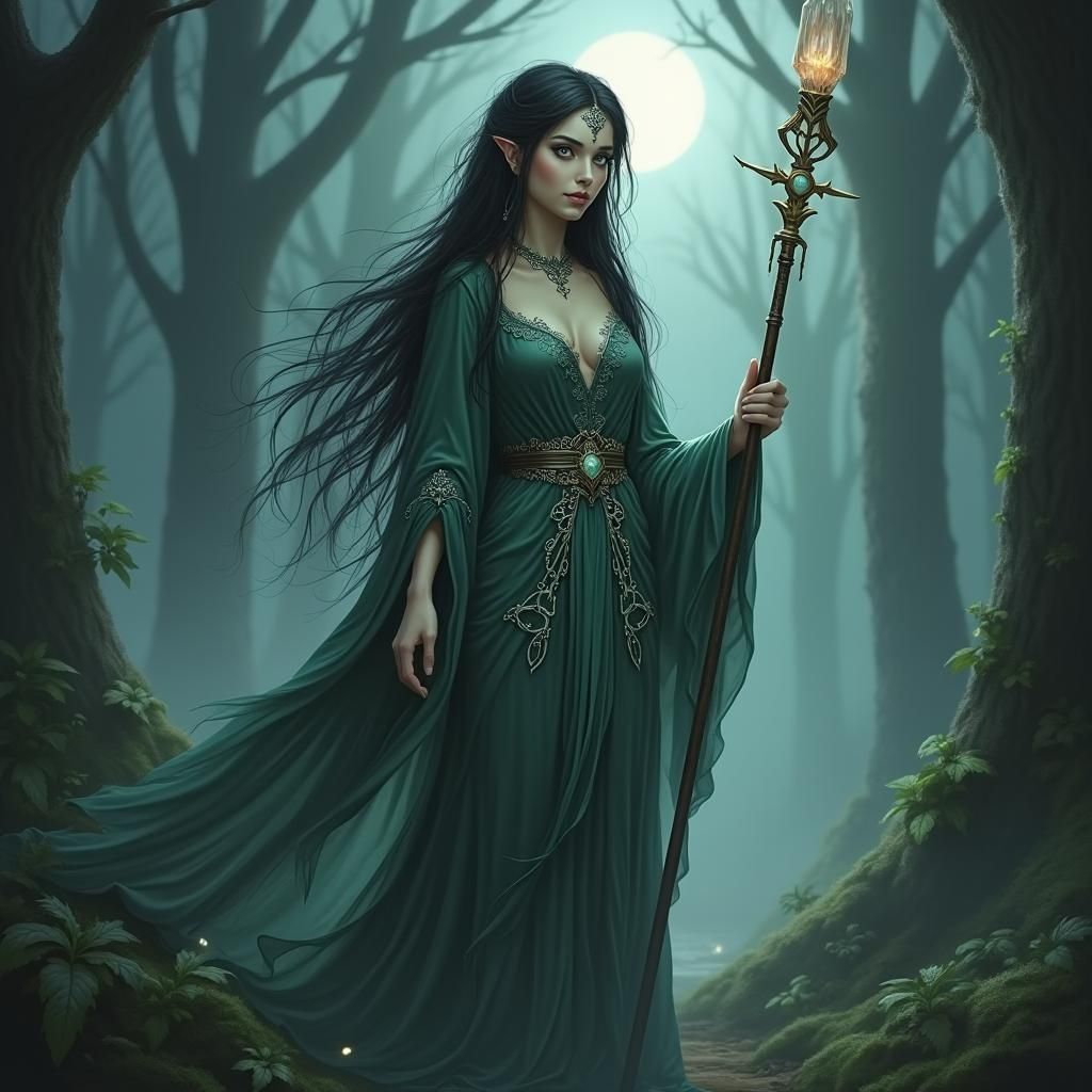 Ethereal Cleric Elf in Moonlit Forest