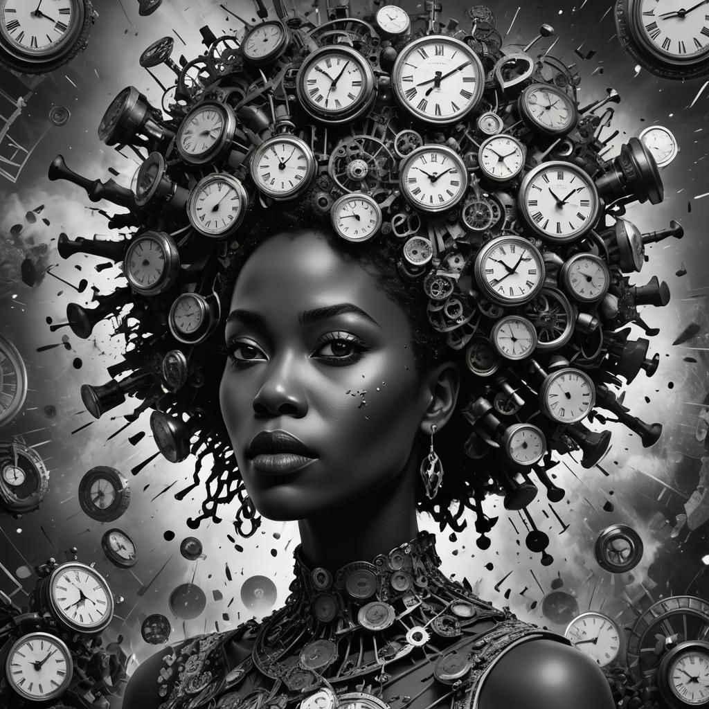 Monochrome Portrait with Clocks Explosion