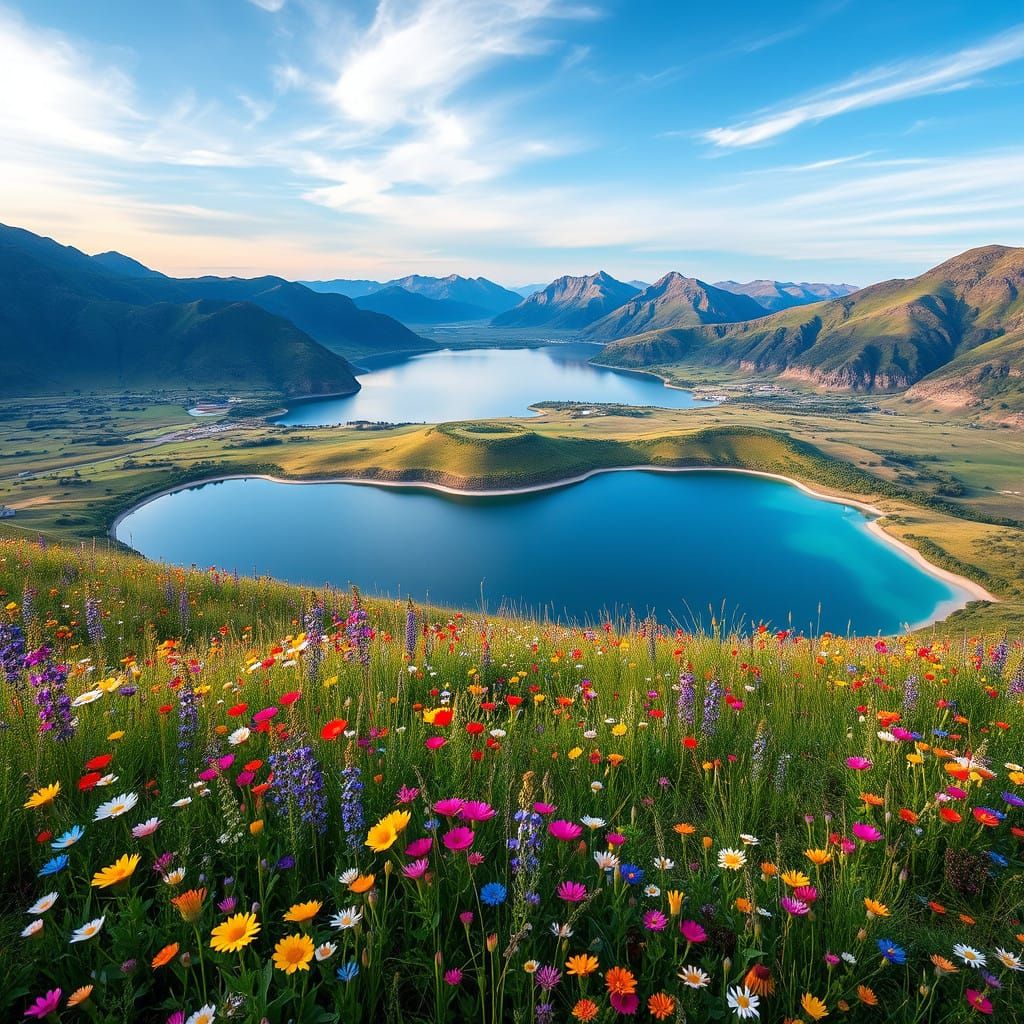 Serene Landscape with Vibrant Meadow and Crystal Lake