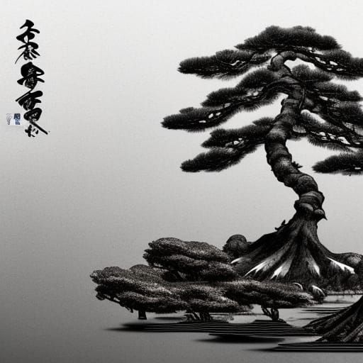 Japanese Spring Landscape in Sumi-e Style