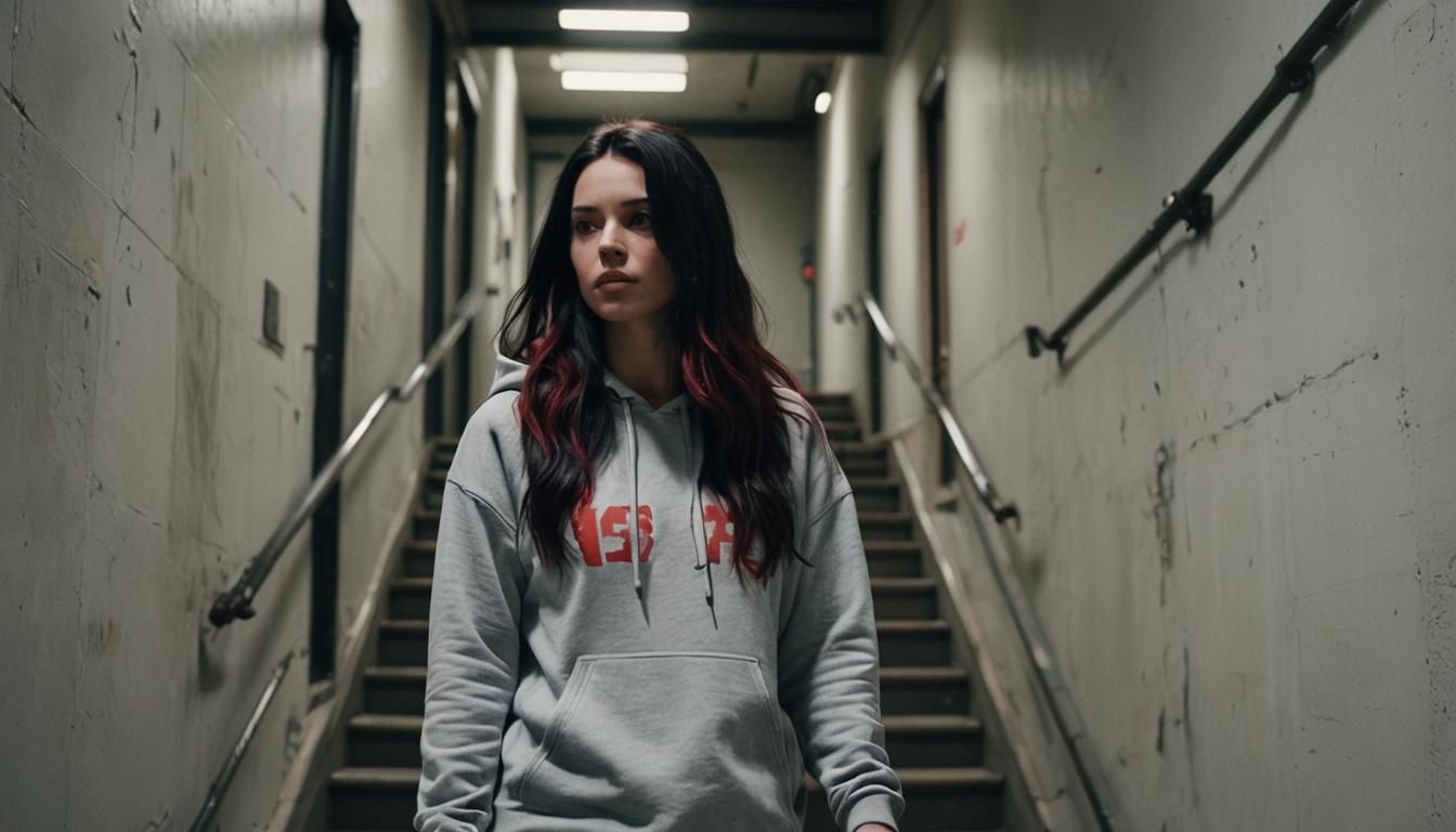 Woman Walking Down Stairs: Cinematic Film Still