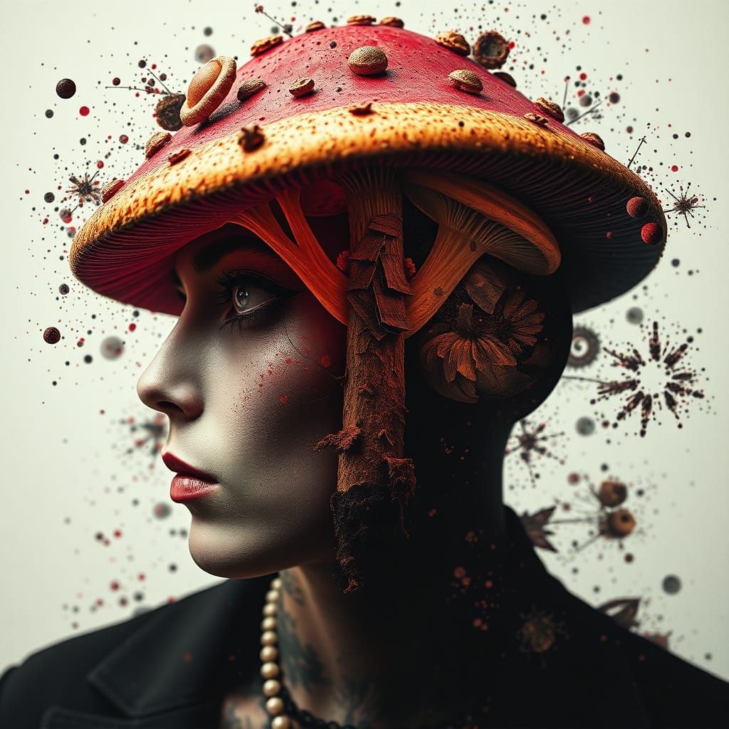 Hallucination Mushroom Portrait in Ink Splatter Art