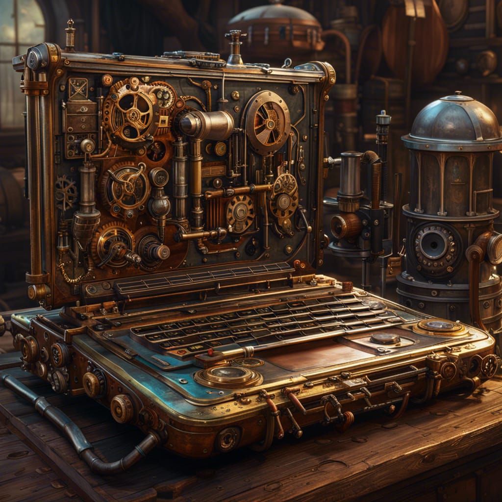 Steampunk Laptop with Organic Elements in Mixed Media