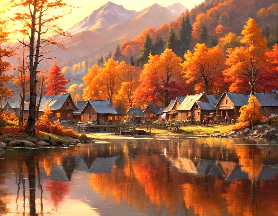 Mountain Lake Community at Sunset in Oil Paint