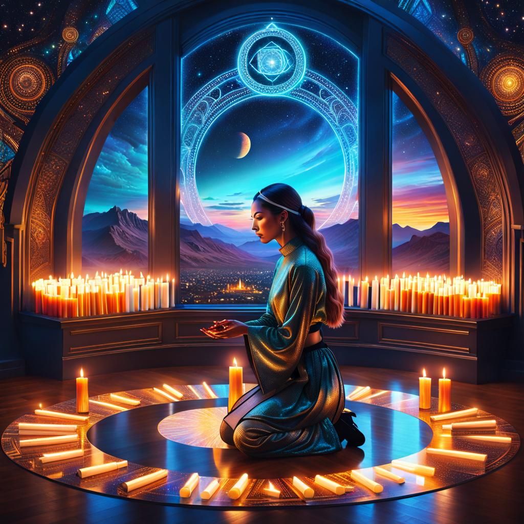 Woman in Candle Circle, Maximalist Digital Painting