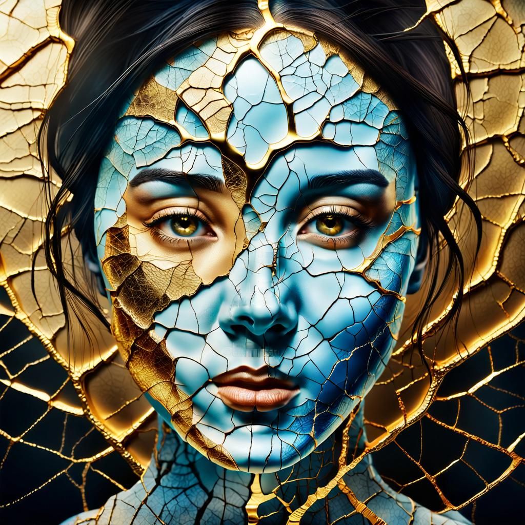 Surreal Kintsugi Woman Portrait with Golden Repairs