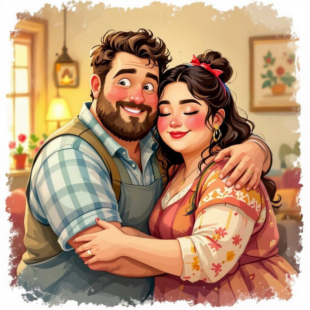 Whimsical Rendering of Overweight Couple Embracing