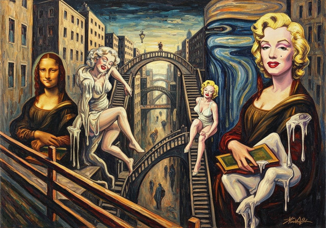 Surreal City Maze with Impossible Staircases and Figures