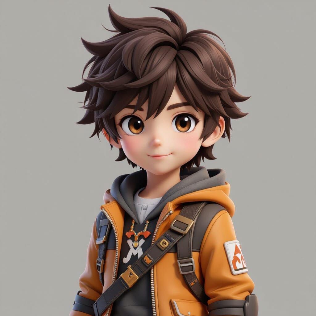 9-Year-Old Boy with Brown Hair in Anime 3D Style